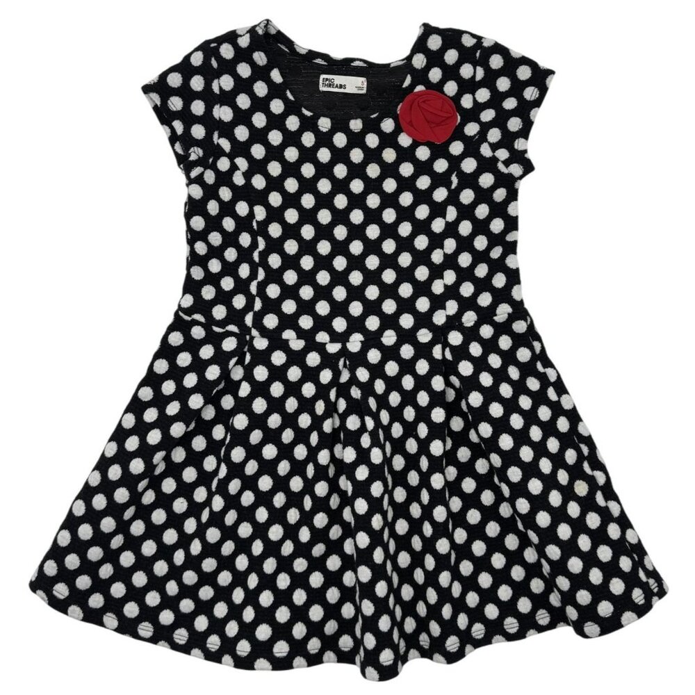 Black & White Polka Dot Dress With Red Flower Accent Girls Size 5 Epic Threads